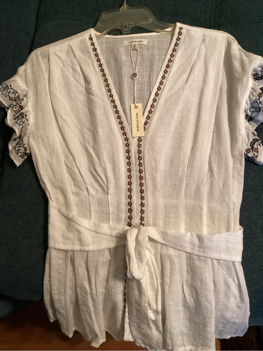 Max Studio White Linen Embroidered V-Neck Tie-Front Tunic